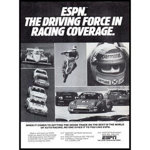 1985 ESPN Sports Network Vintage Print Ad NASCAR Indy Porsche Car Racing Photo